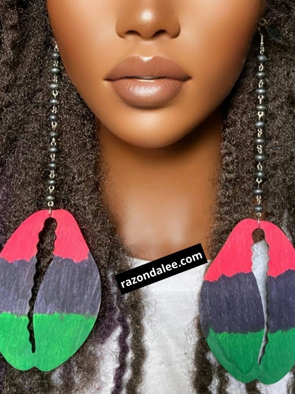 Elongated Dangle Earrings Wooden Cowrie Shells Red Black Green by Razonda Lee